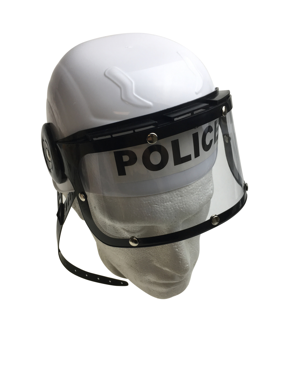 V563-POLICEHAT-PLTCHELMET-WHT-184325-02 POLICE HAT Plastic Helmet Cap Costume Party w Strap Clear Visor - White - Image 3