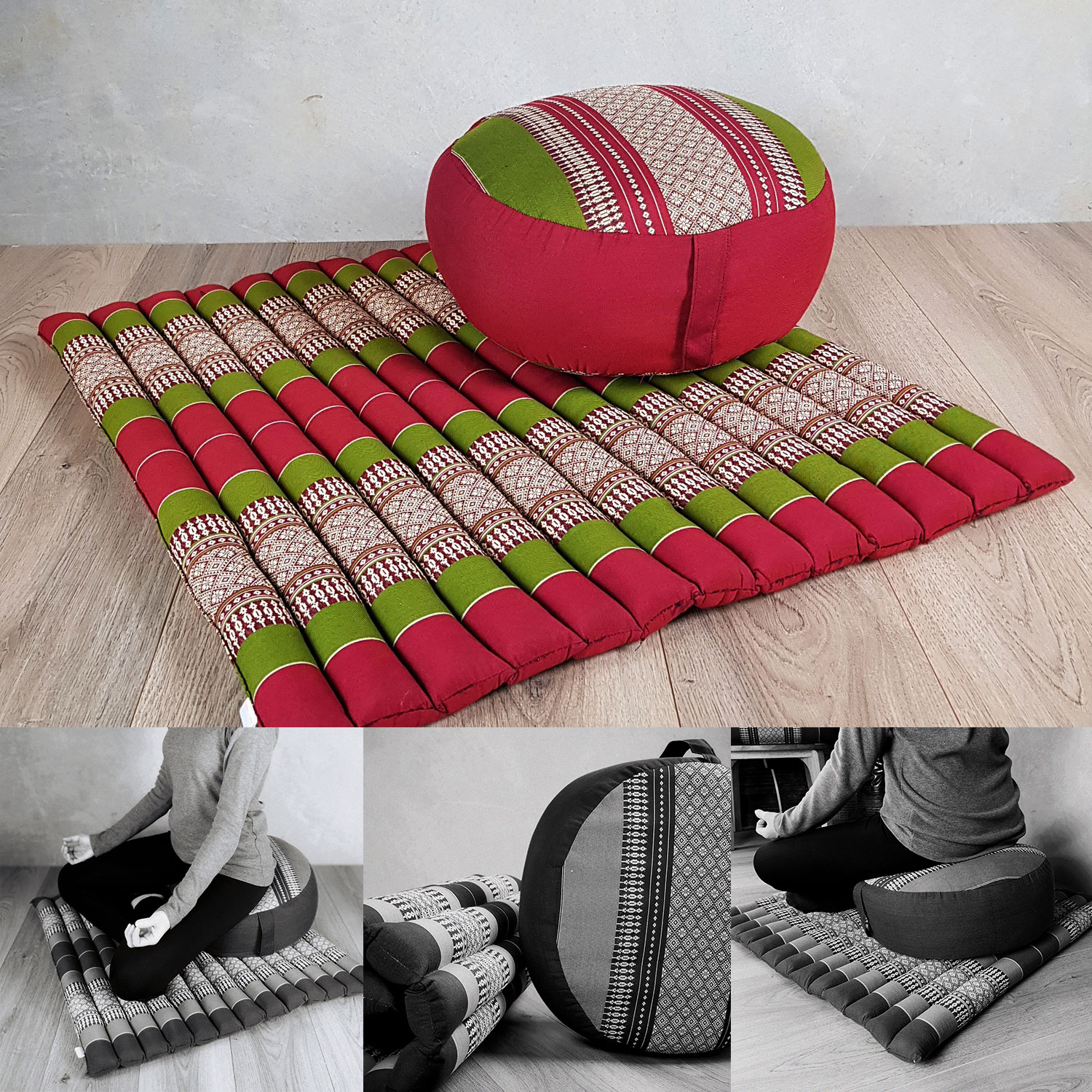 V574-TTPZAFUSETREDGR-131529-00 Zafu & Zabuton Meditation Set Red&Green - Image 1