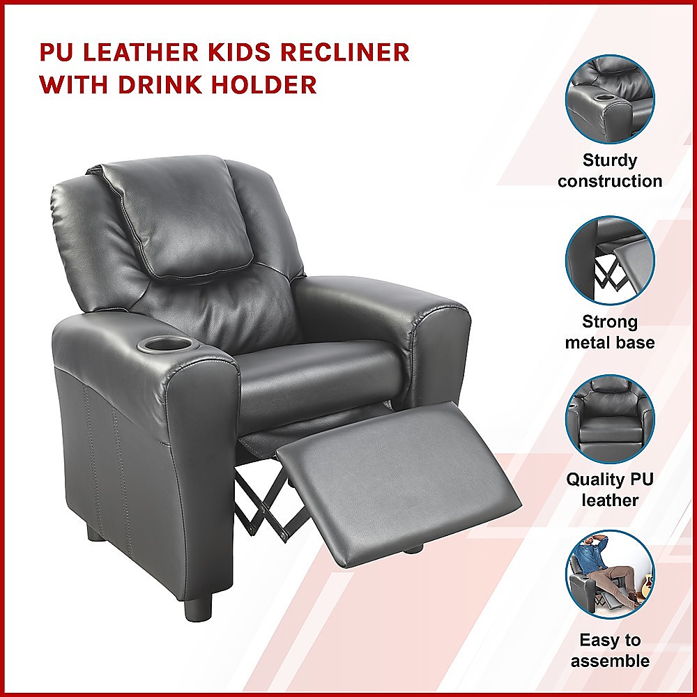V63-771925-8891-02 PU Leather Kids Recliner with Drink Holder - Image 3