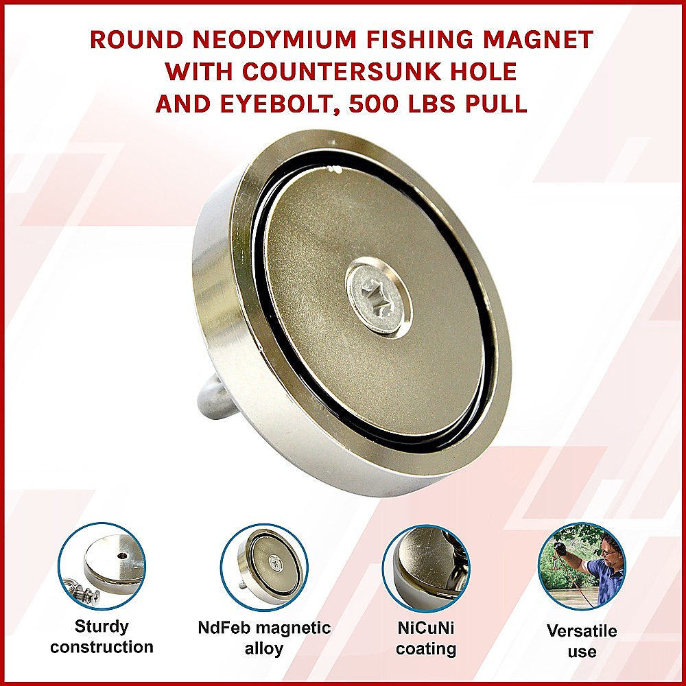 V63-821733-12040-01 Round Neodymium Fishing Magnet with Countersunk Hole and Eyebolt, 500 LBS pull - Image 3