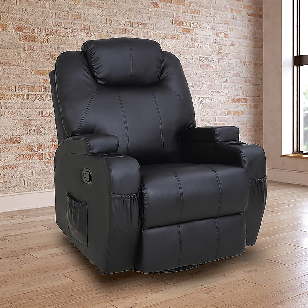 V63-821971-13437-01 Black Massage Sofa Chair Recliner 360 Degree Swivel PU Leather Lounge 8 Point Heated - Image 2
