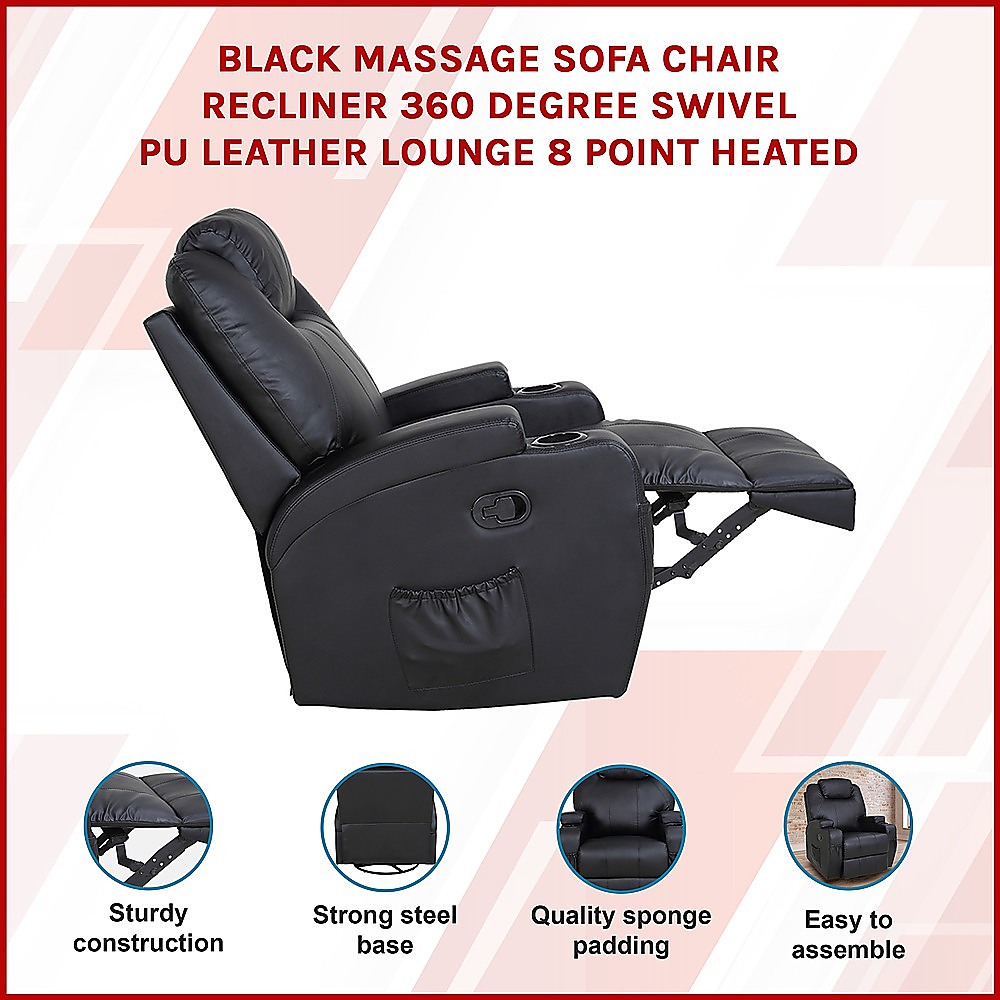 V63-821971-13437-02 Black Massage Sofa Chair Recliner 360 Degree Swivel PU Leather Lounge 8 Point Heated - Image 3