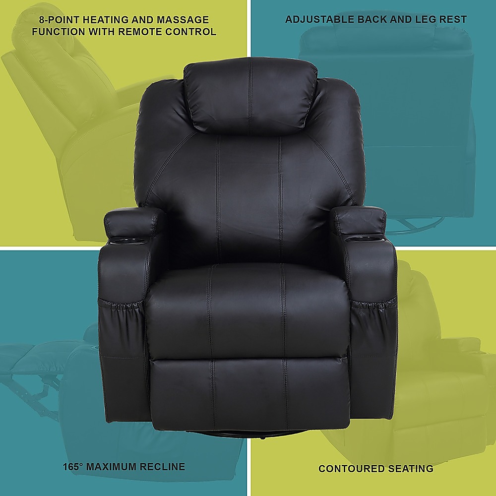 V63-821971-13437-03 Black Massage Sofa Chair Recliner 360 Degree Swivel PU Leather Lounge 8 Point Heated - Image 4