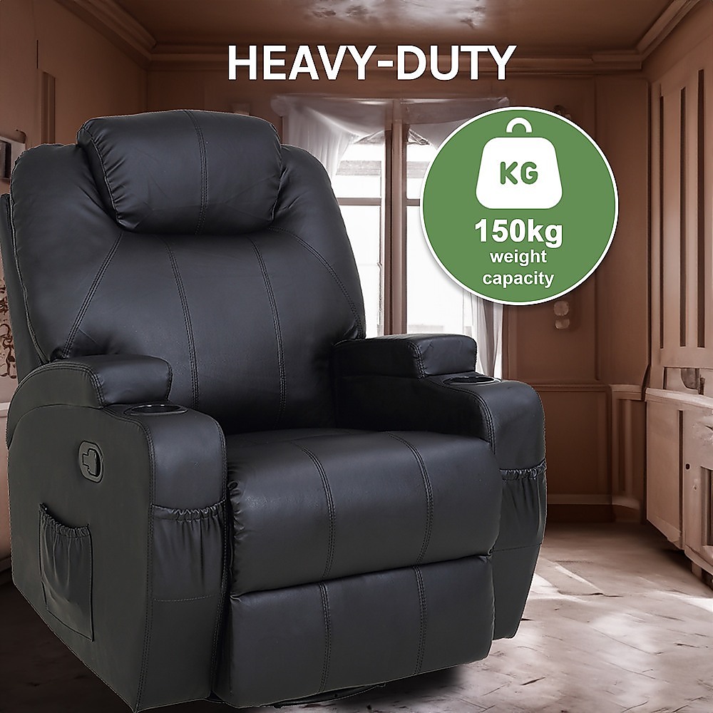 V63-821971-13437-05 Black Massage Sofa Chair Recliner 360 Degree Swivel PU Leather Lounge 8 Point Heated - Image 6