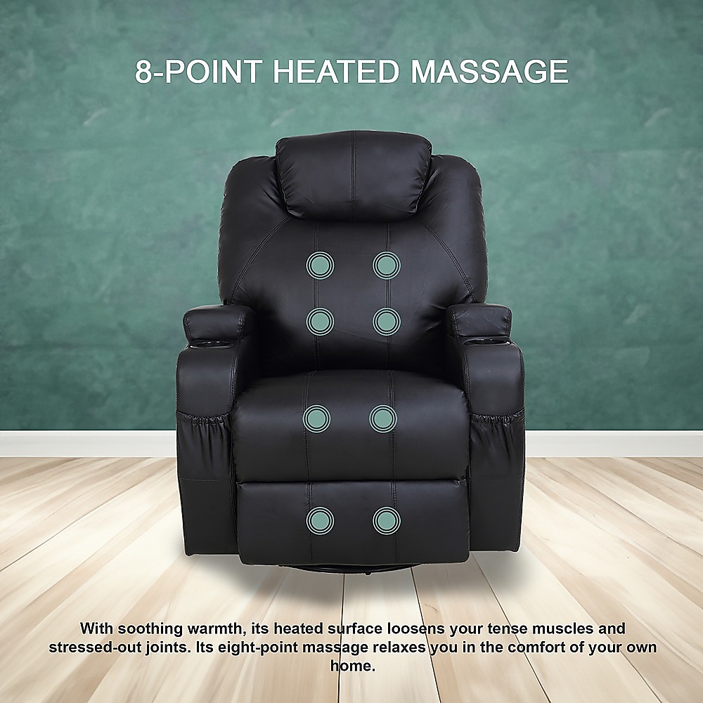 V63-821971-13437-07 Black Massage Sofa Chair Recliner 360 Degree Swivel PU Leather Lounge 8 Point Heated - Image 8