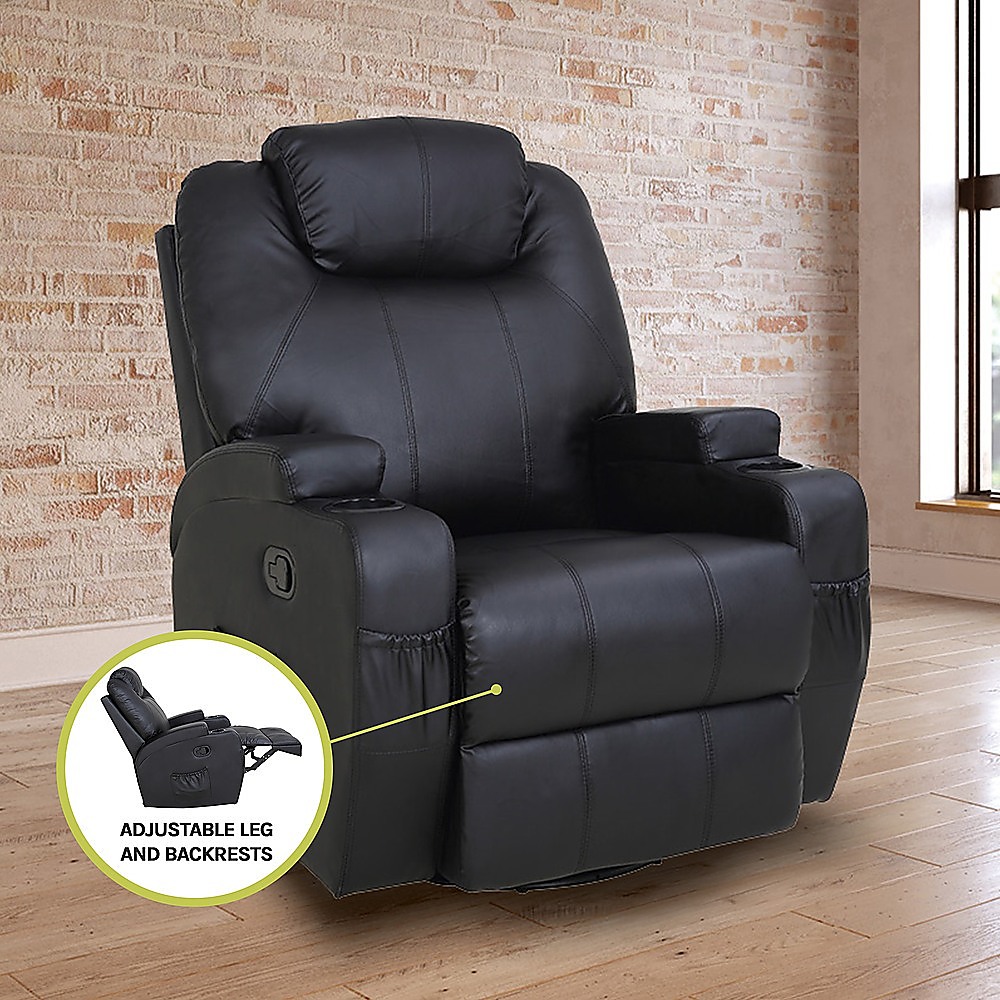 V63-821971-13437-08 Black Massage Sofa Chair Recliner 360 Degree Swivel PU Leather Lounge 8 Point Heated - Image 9