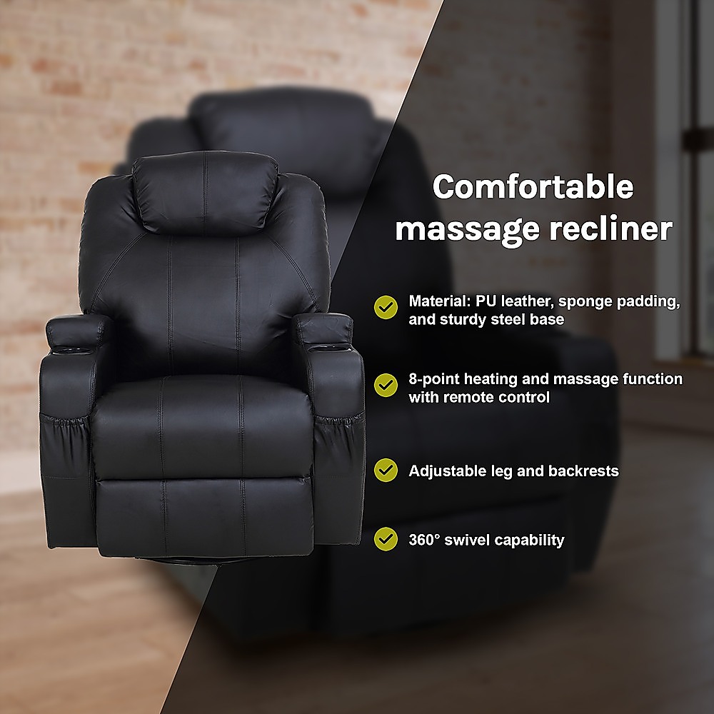 V63-821971-13437-09 Black Massage Sofa Chair Recliner 360 Degree Swivel PU Leather Lounge 8 Point Heated - Image 10