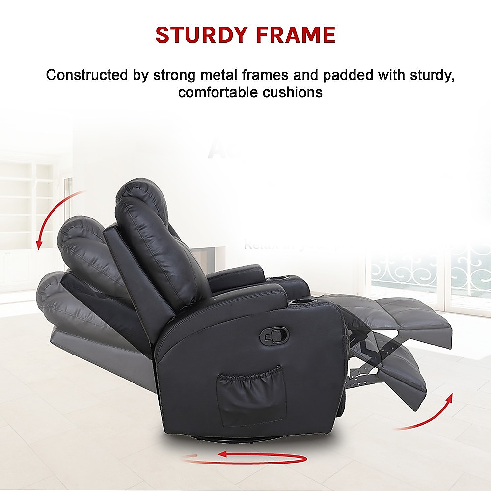 V63-821971-13437-10 Black Massage Sofa Chair Recliner 360 Degree Swivel PU Leather Lounge 8 Point Heated - Image 11
