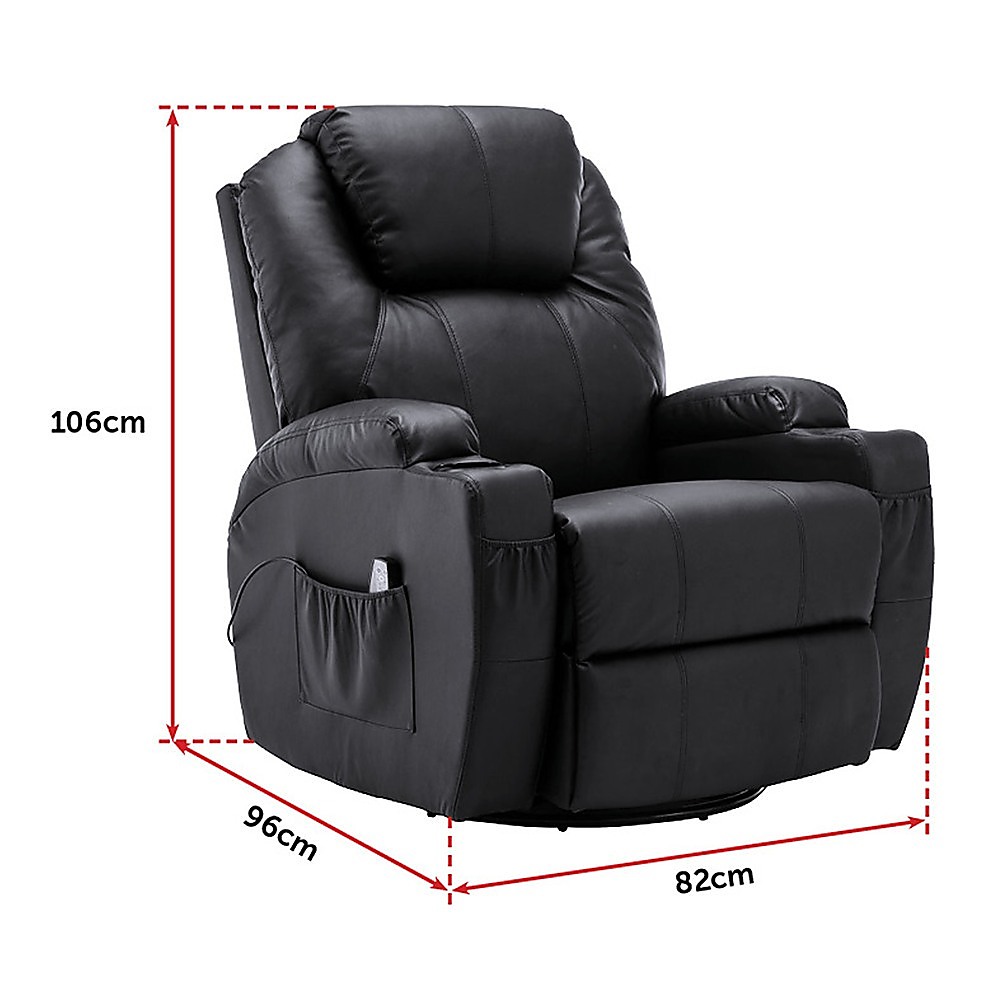 V63-821971-13437-11 Black Massage Sofa Chair Recliner 360 Degree Swivel PU Leather Lounge 8 Point Heated - Image 12