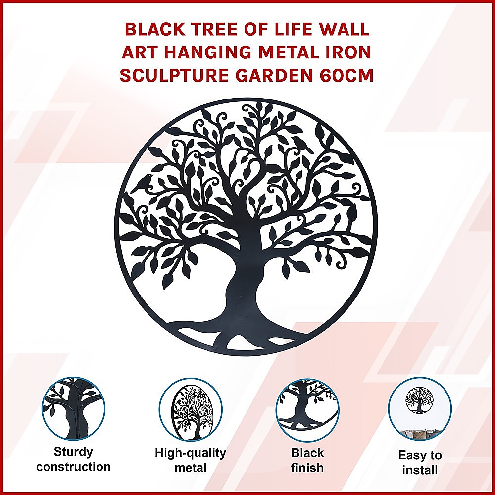 V63-822651-14251-02 Black Tree of Life Wall Art Hanging Metal Iron Sculpture Garden 60cm - Image 3