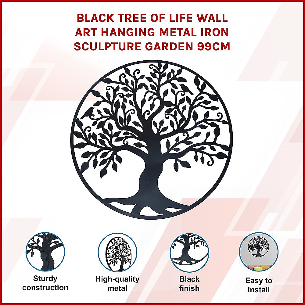 V63-822661-14252-02 Black Tree of Life Wall Art Hanging Metal Iron Sculpture Garden 99cm - Image 3
