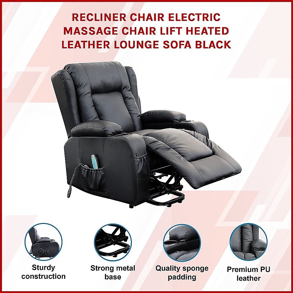 V63-834091-26215-00 Recliner Chair Electric Massage Chair Lift Heated Leather Lounge Sofa Black - Image 3