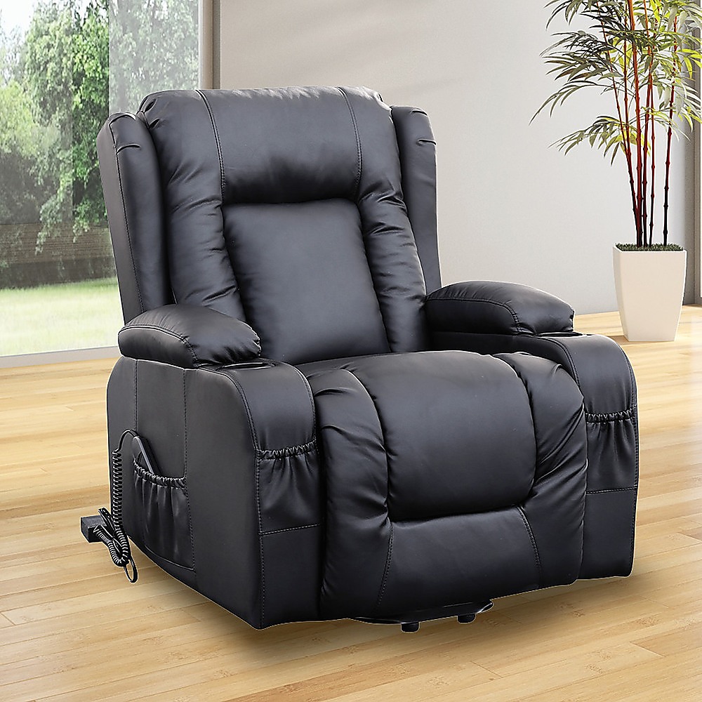 V63-834091-26215-01 Recliner Chair Electric Massage Chair Lift Heated Leather Lounge Sofa Black - Image 2