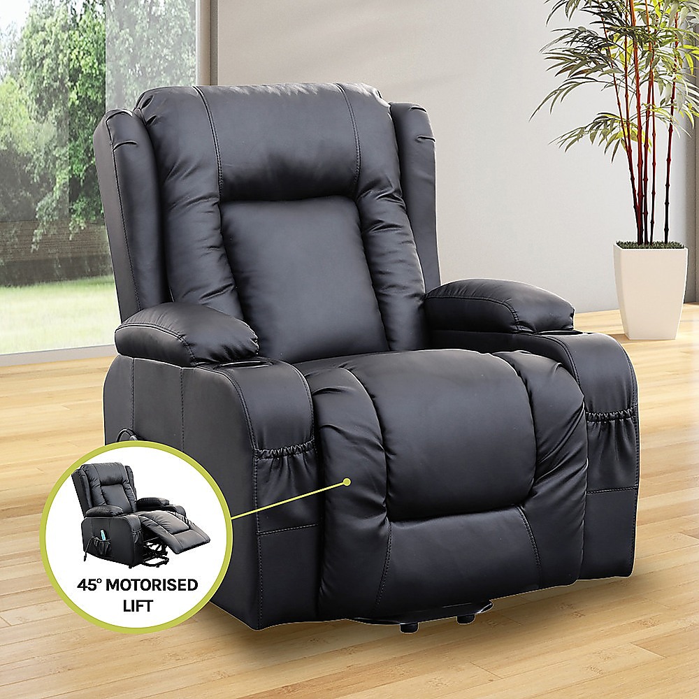 V63-834091-26215-04 Recliner Chair Electric Massage Chair Lift Heated Leather Lounge Sofa Black - Image 7