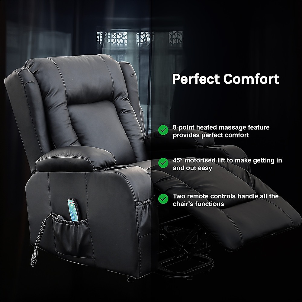 V63-834091-26215-08 Recliner Chair Electric Massage Chair Lift Heated Leather Lounge Sofa Black - Image 11
