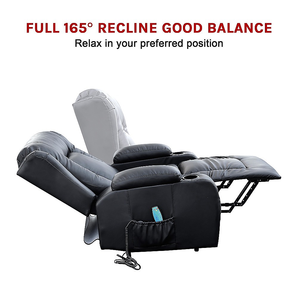 V63-834091-26215-09 Recliner Chair Electric Massage Chair Lift Heated Leather Lounge Sofa Black - Image 12