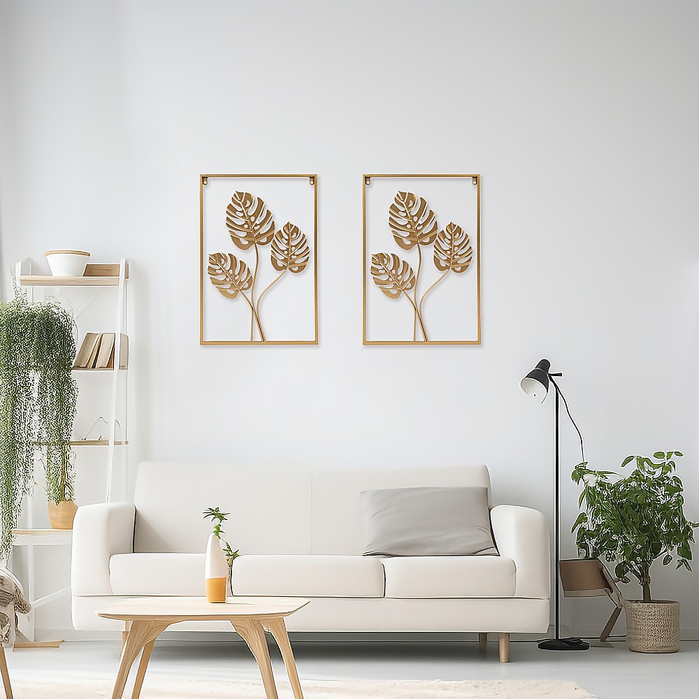 V63-842491-90137-02 Metal Wall Picture with Leaves 40 x 60 cm Golden Decoration - Image 3