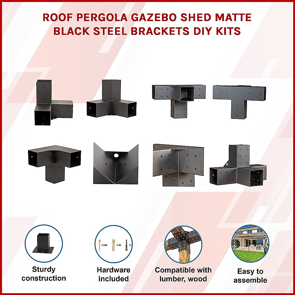 V63-847761-167336-02 Roof Pergola Gazebo Shed Matte Black Steel Brackets DIY Kits - Image 3