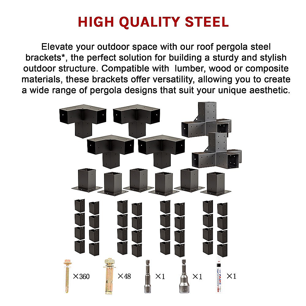 V63-847761-167336-05 Roof Pergola Gazebo Shed Matte Black Steel Brackets DIY Kits - Image 15