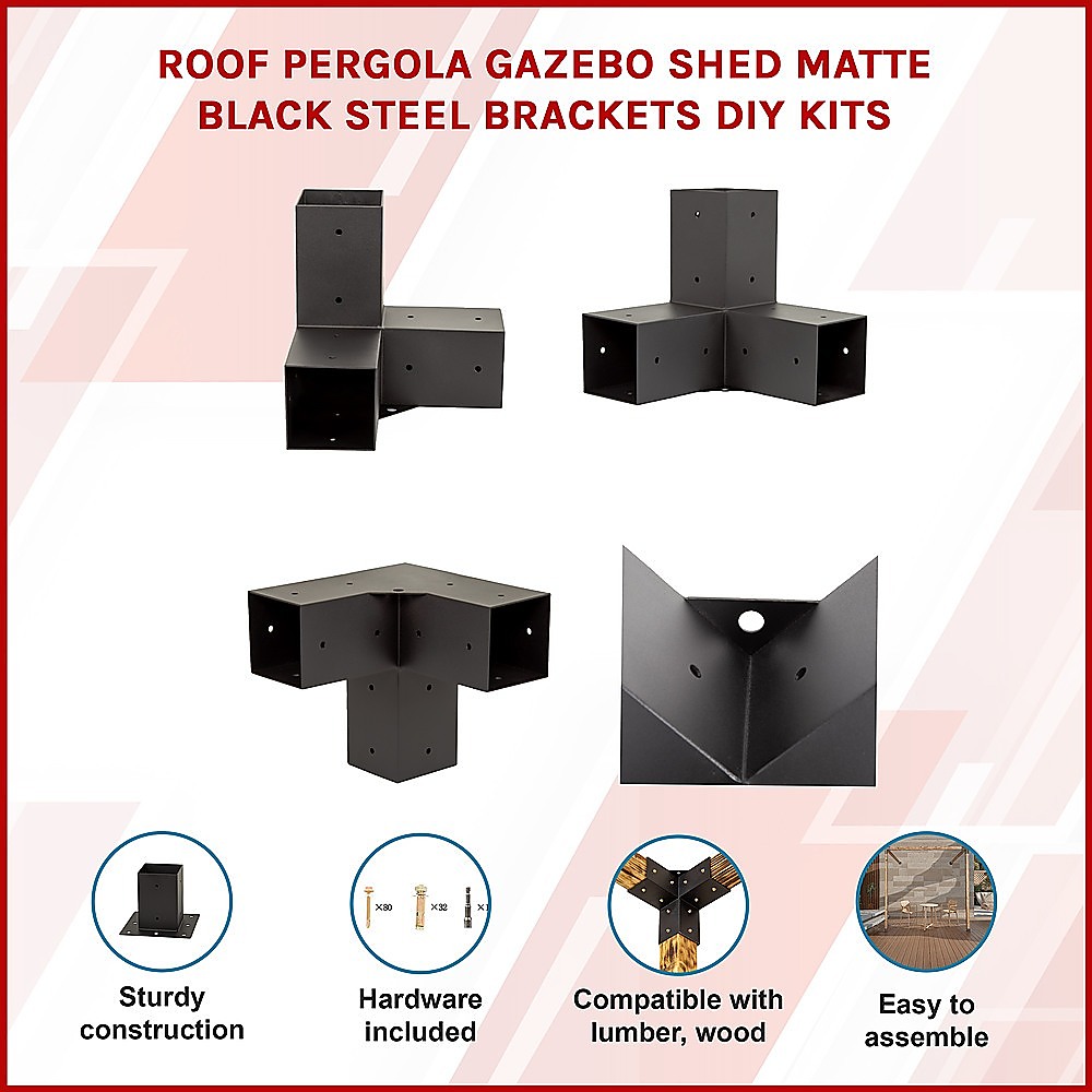 V63-847771-167337-12 Roof Pergola Gazebo Shed Matte Black Steel Brackets DIY Kits - Image 3