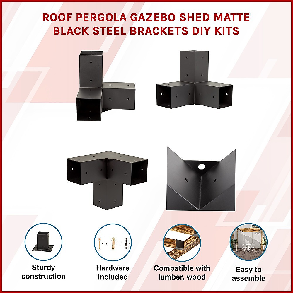 V63-847791-167343-02 Roof Pergola Gazebo Shed Matte Black Steel Brackets DIY Kits - Image 3