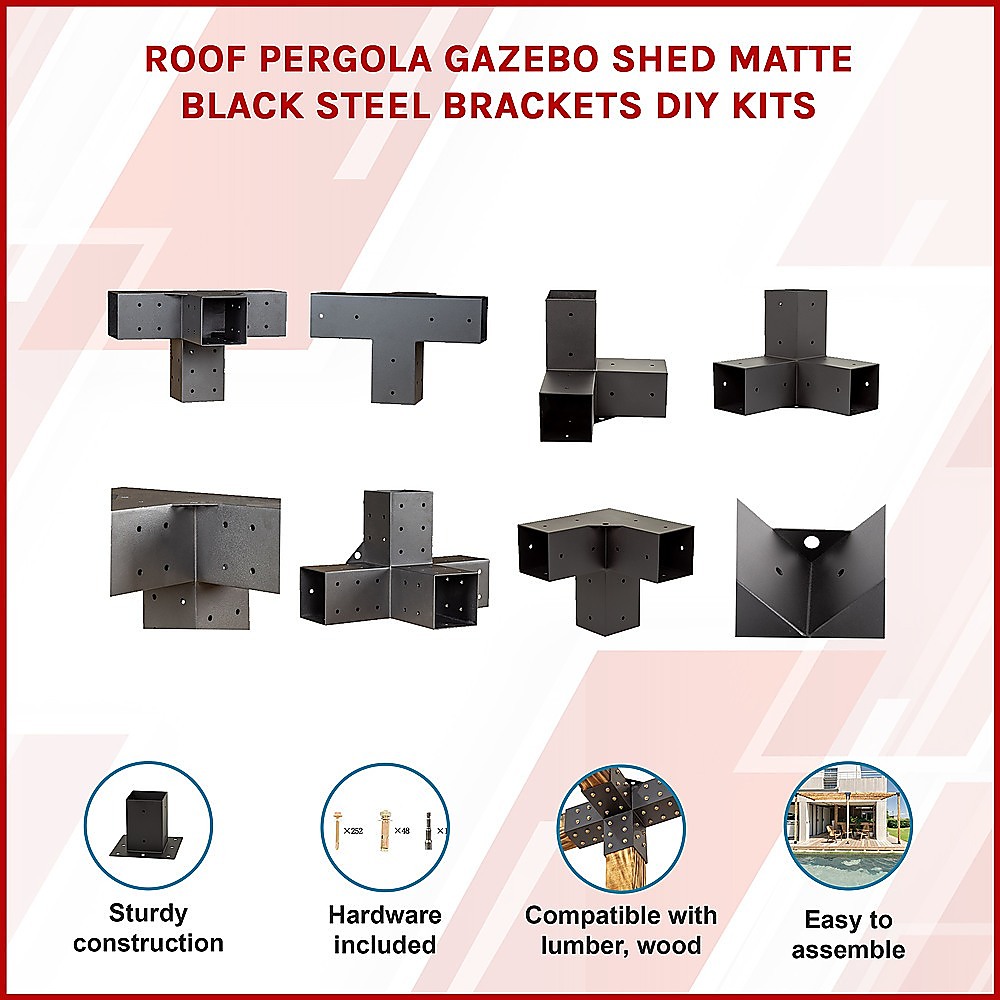 V63-847801-167344-14 Roof Pergola Gazebo Shed Matte Black Steel Brackets DIY Kits - Image 3