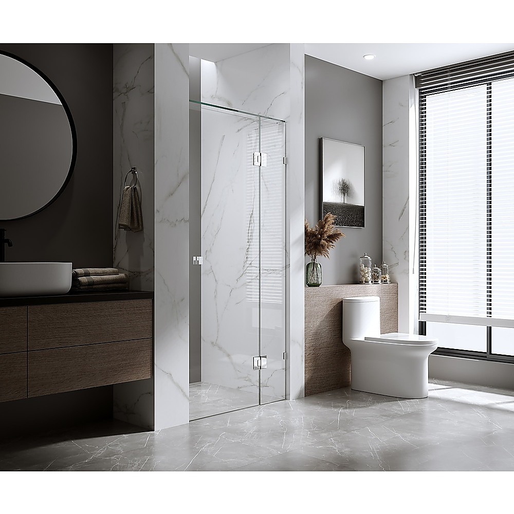 V63-856771-202507041715-00 120cm Wall to Wall Frameless Shower Screen with White Brackets and Brass Hinges, Square Knob Handle - Image 1
