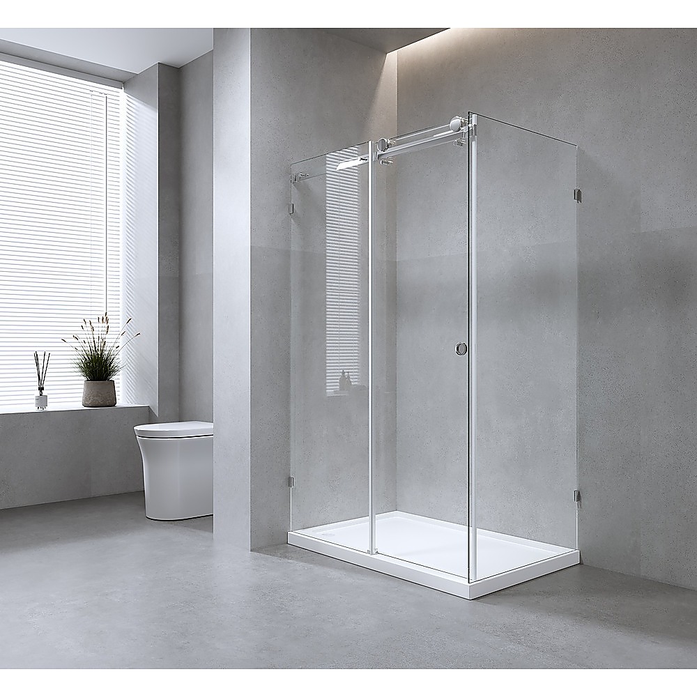 V63-913851-202505281207-00 150x90cm Frameless Glass Sliding Corner Shower with Black Rail and Hardware - Image 1