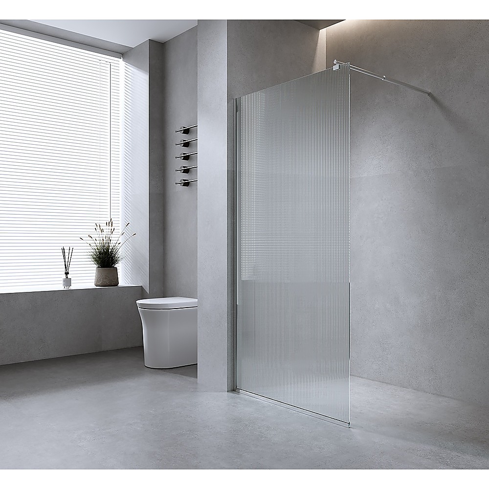 V63-920361-201615-01 120cm Reeded Glass Shower Screen with Black Wall Channel - Image 2