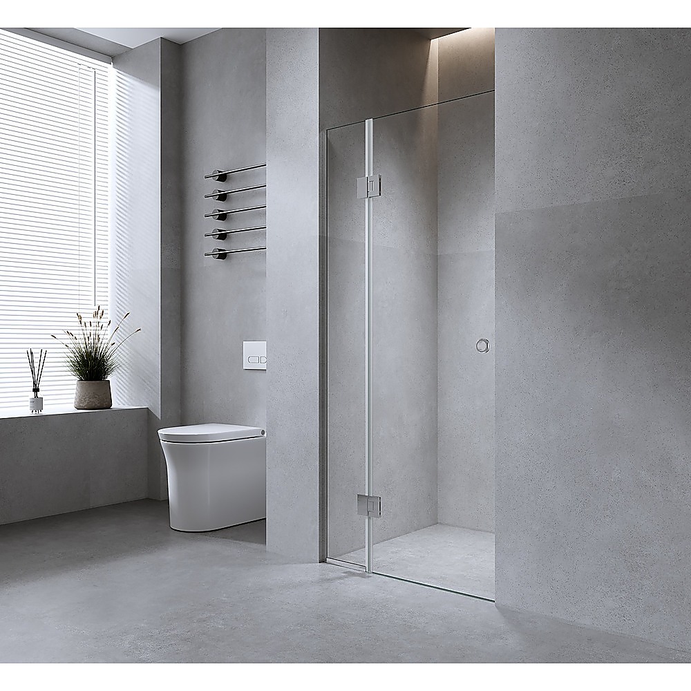 V63-939861-202507042225-00 120cm Wall to Wall Frameless Shower Screen with White Channel and Brass Hinges - Image 1