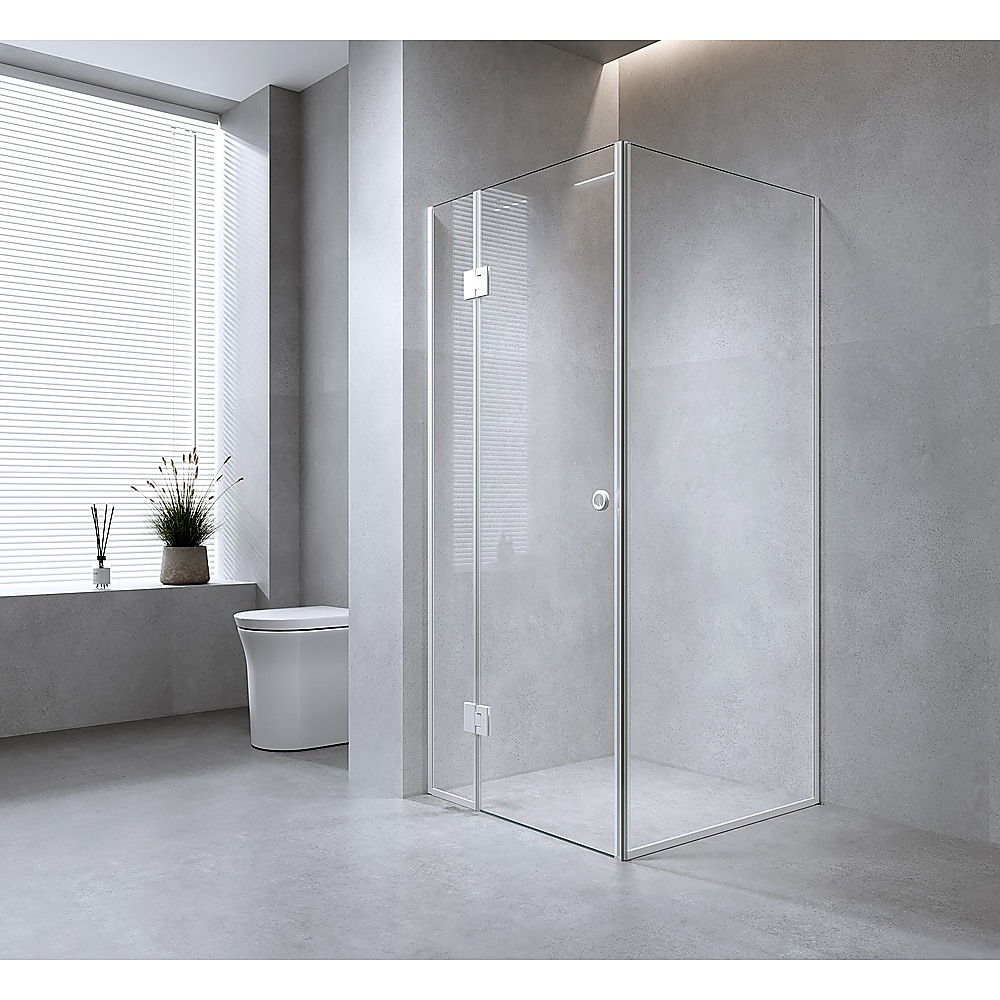 V63-942171-222877-00 120x120cm Corner Frameless Shower Screen with White Channel and SS Hinges - Image 1