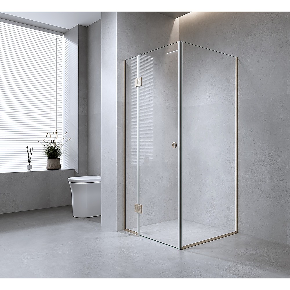 V63-942371-222583-00 90x70cm Corner Frameless Shower Screen with Chrome Channel and Brass Hinges - Image 1