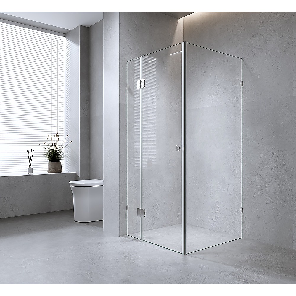 V63-947301-202507042046-00 120x80cm Corner Frameless Shower Screen with Gunmetal Brackets and Brass Hinges - Image 1