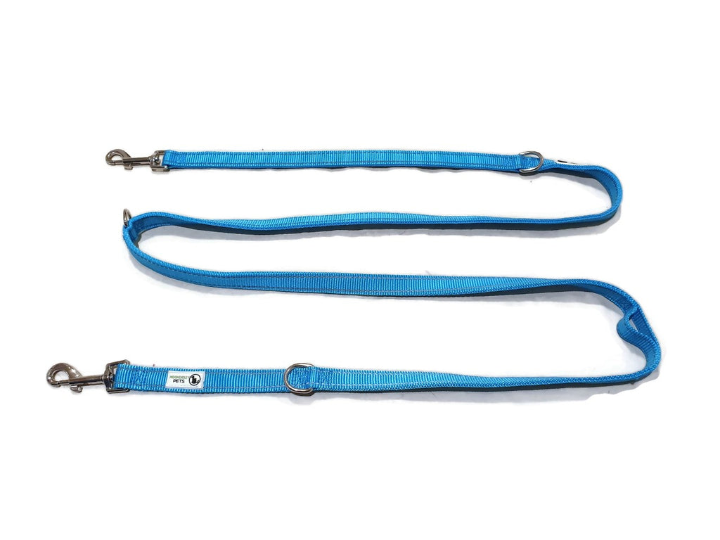 V631-MDPLDMUL25LBLU-185926-00 Multi Dog Lead - Nylon w/Reflective Stitching - Double Clip ,Coupler, Waist Belt, Short/Long, Quicktie - Moondidley Pets 25mm Light Blue - Image 1