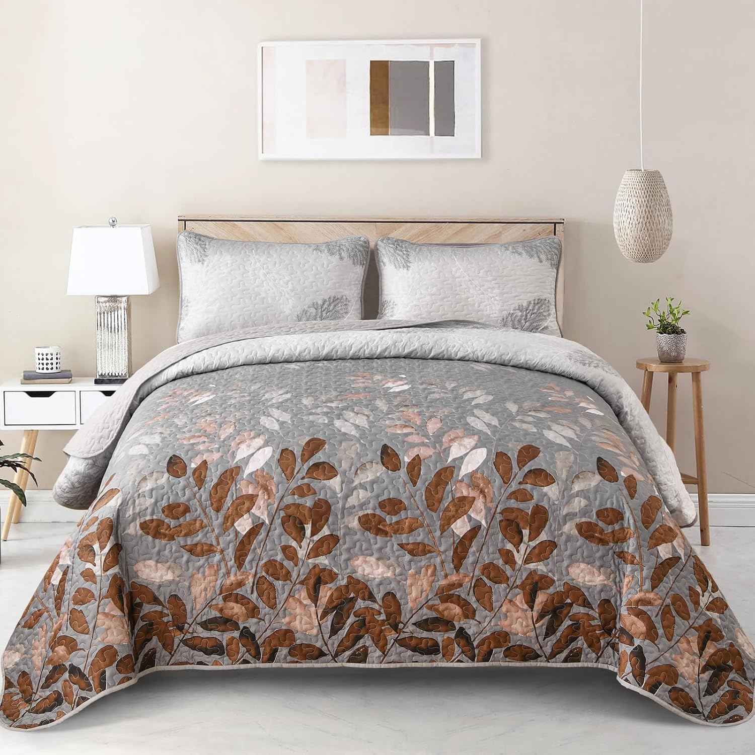 V745-AC090454Q13U-218237-00 Gleaming rust grey Floral 3 Pc Bedspread & Pillow Cover Set - Image 1