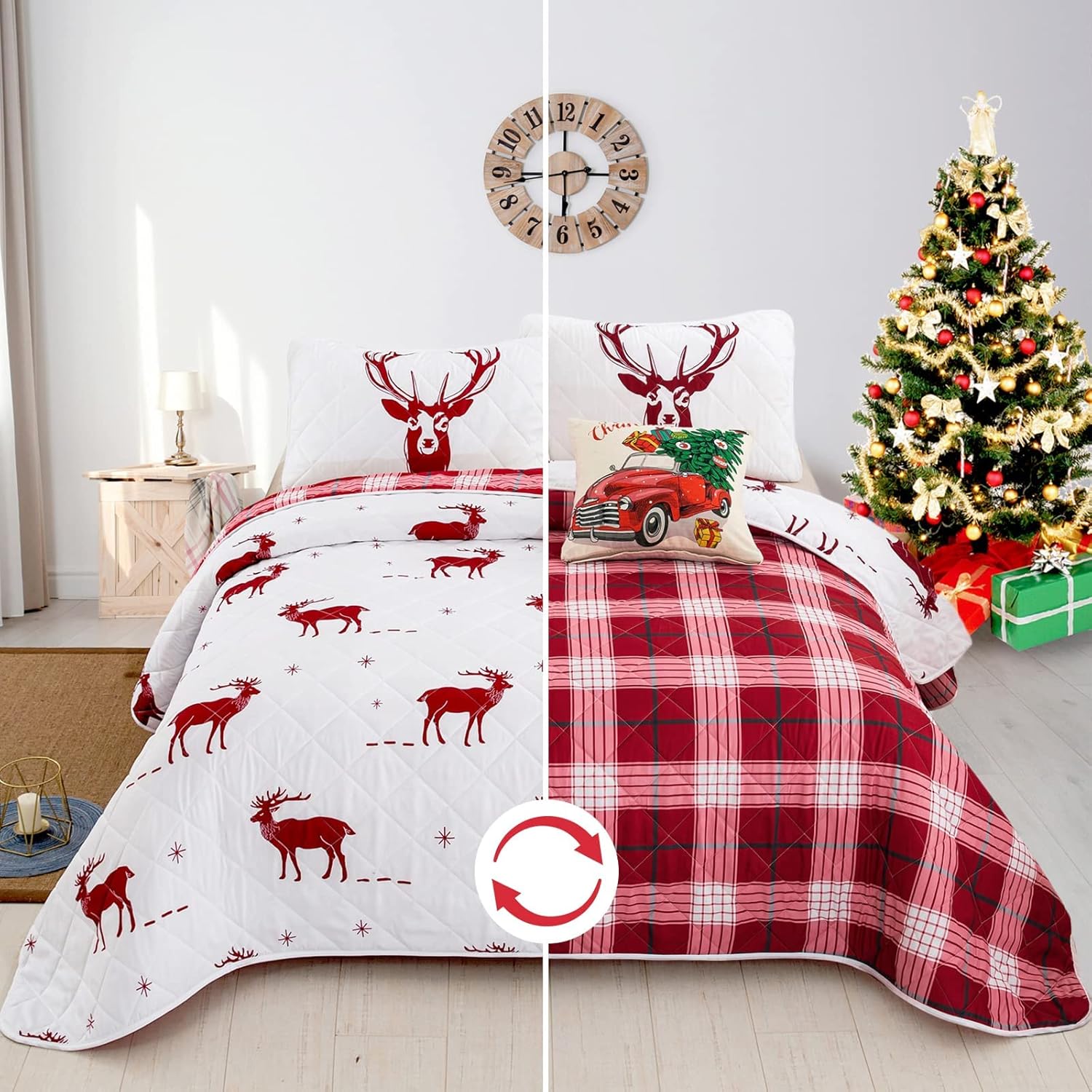 V745-MAC080151Q13U-212312-00 Joyful Red & white Reindeer pattern reversible Christmas Queen Bedspread Set - Image 1