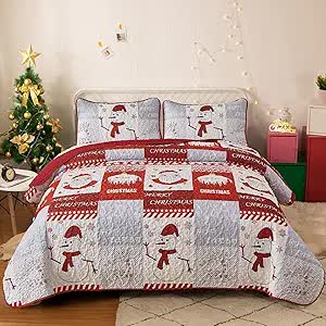 V745-MAC080253Q13U-212311-00 Winter Wonderland snowman santa Christmas Queen Bedspread Set - Image 1