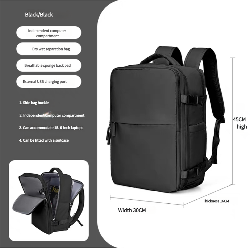 V888-ELOSUNG10948-205849-00 Water-Resistant Laptop Backpack with USB Charging Port and Wet-Dry Separation (Black) - Image 1