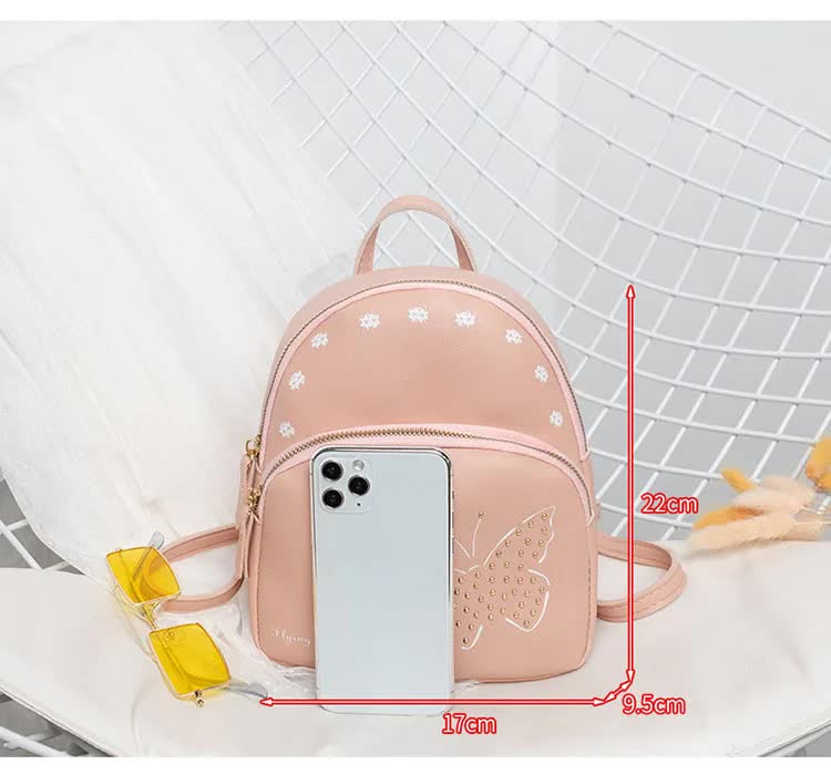 V888-ELOSUNG11018-206409-03 Mini Faux Leather Backpack with Butterfly Design -Khaki Cute Backpack for Girls - Image 4