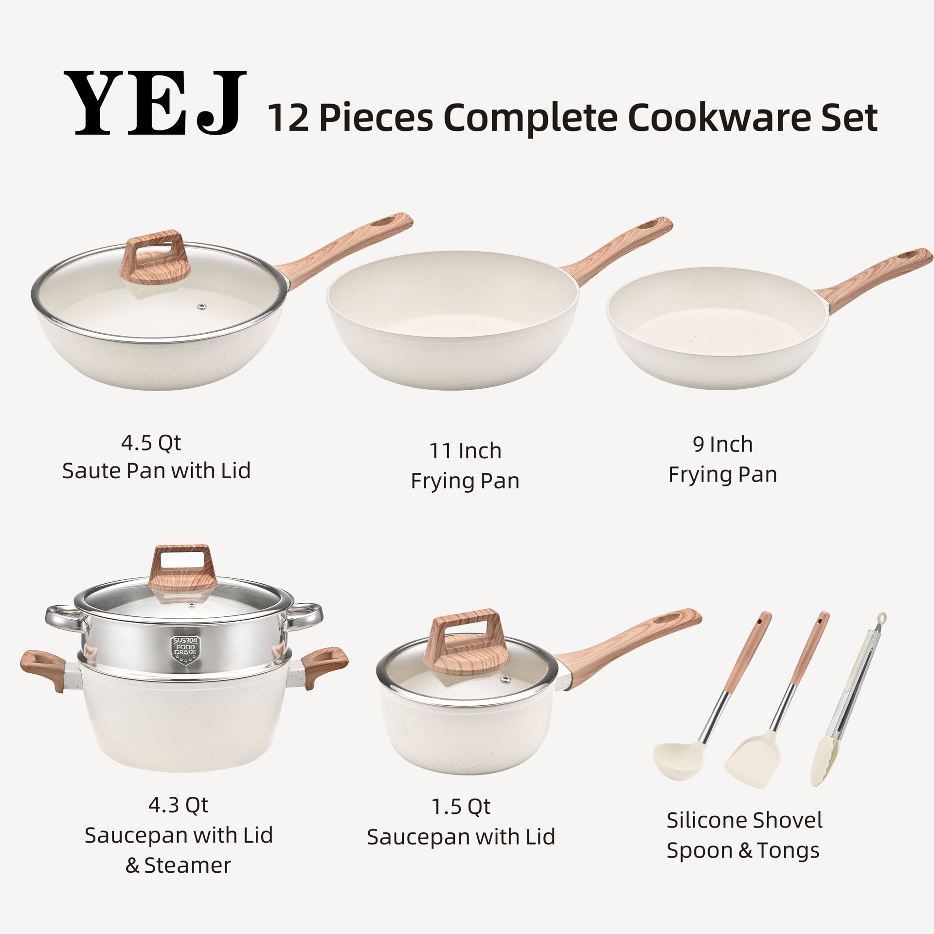 V888-ELOSUNG11062-206480-00 YEJ 12-Piece Non-Stick Complete Cookware Set | Pots, Pans & Utensils (White) - Image 1