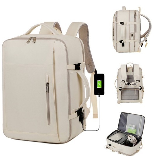 V888-ELOSUNG11748-209869-01 Beige Expandable Backpack with USB Port - Multi-Functional Outdoor, Commuter & Laptop Bag - Image 2