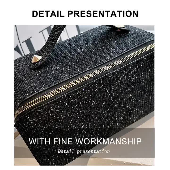 V888-ELOSUNG11951-211158-02 Gold Shiny Large Capacity Makeup Bag - Multi-Function Travel Toiletry Organizer, Handheld Cosmetic Storage Bag - Image 3