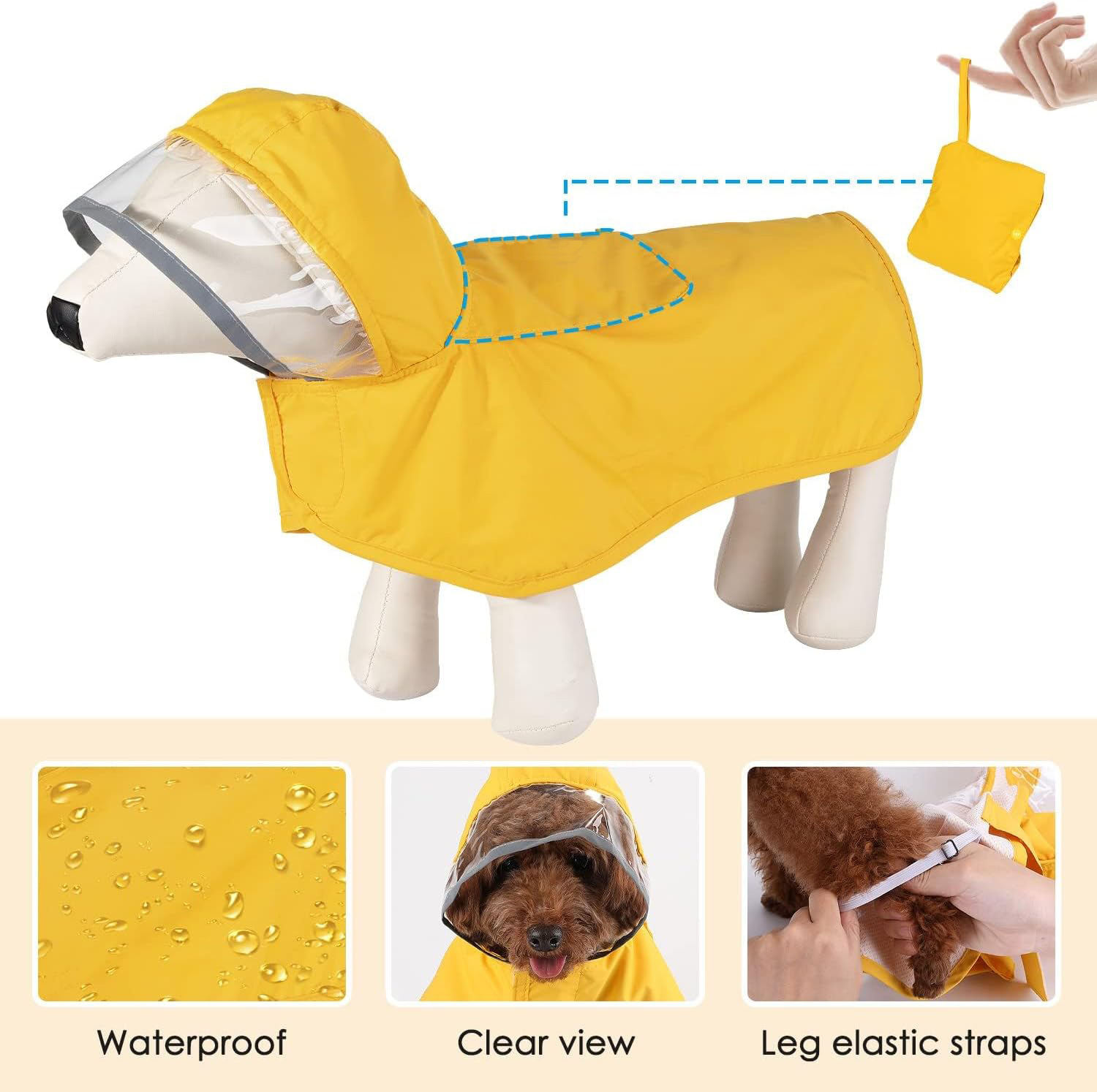 V888-ELOSUNG12115-210359-01 L Yellow Reflective Adjustable Pet Raincoat with Hood - Waterproof Dog Jacket, Adjustable Dog Poncho for Outdoor Protection - Image 2