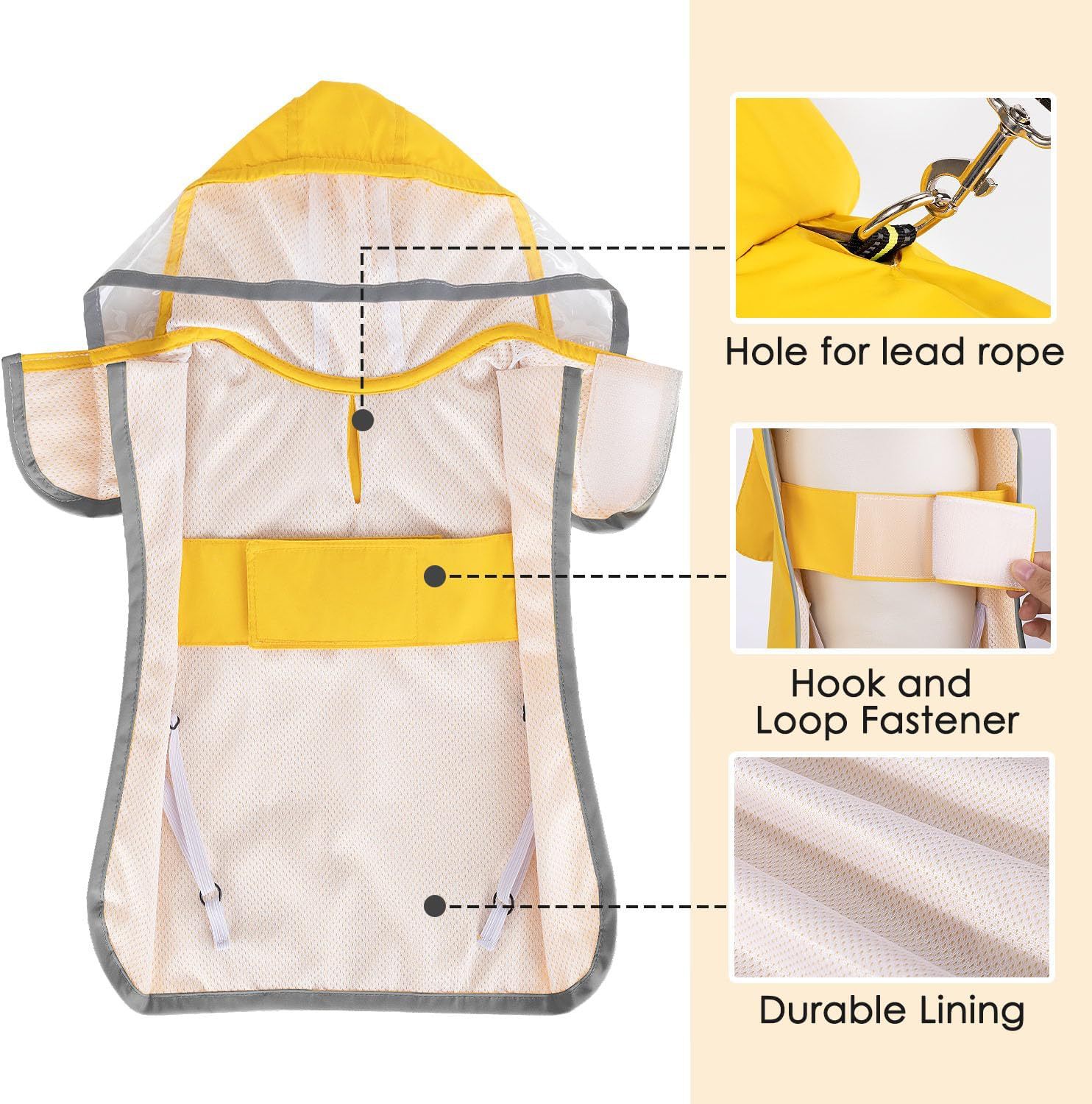 V888-ELOSUNG12115-210359-05 L Yellow Reflective Adjustable Pet Raincoat with Hood - Waterproof Dog Jacket, Adjustable Dog Poncho for Outdoor Protection - Image 6