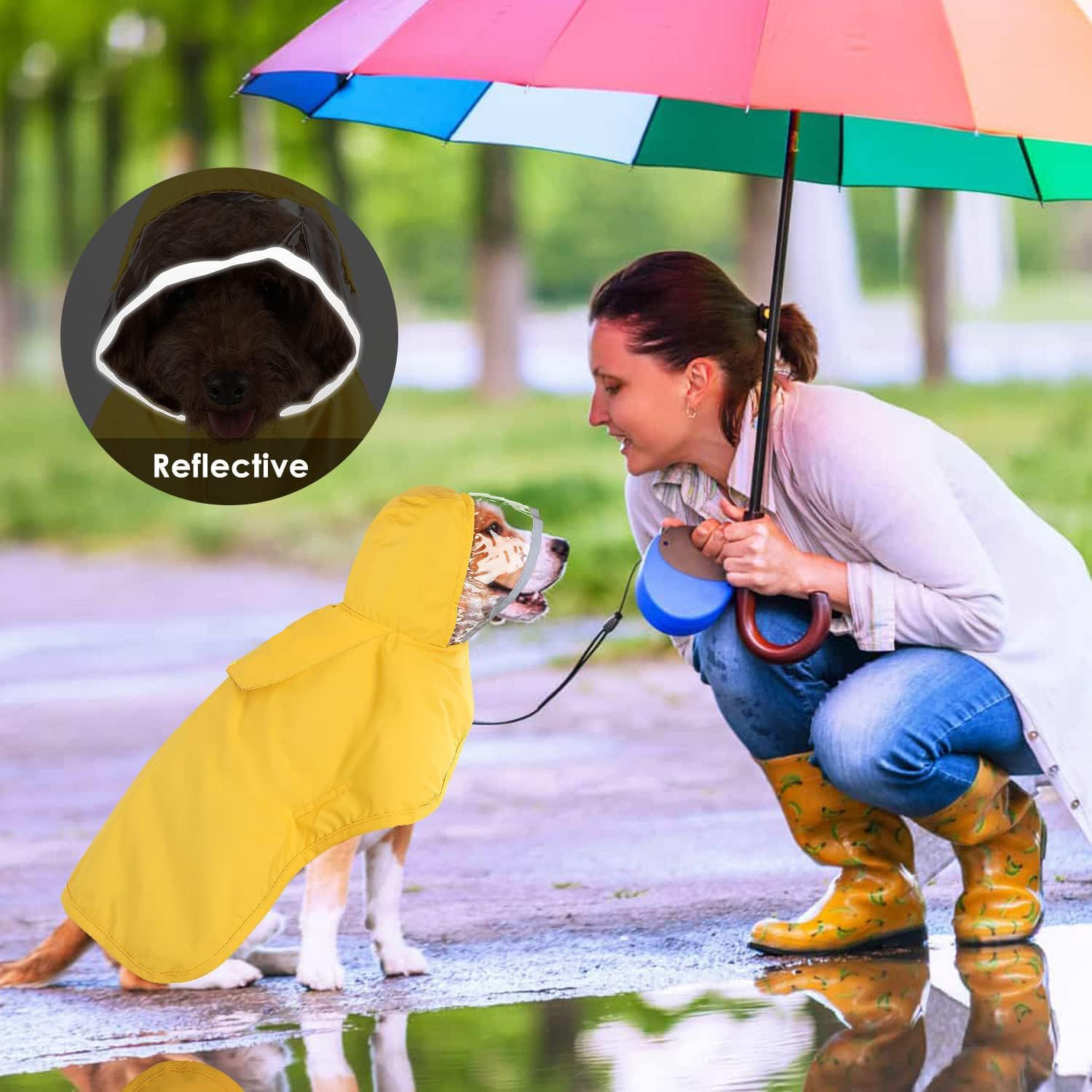 V888-ELOSUNG12115-210359-07 L Yellow Reflective Adjustable Pet Raincoat with Hood - Waterproof Dog Jacket, Adjustable Dog Poncho for Outdoor Protection - Image 8