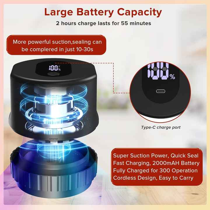 V888-ELOSUNG12339-211508-01 Black Automatic Electric Mason Jar Vacuum Sealer - Compact Food Preservation Machine with Digital Display - Image 2