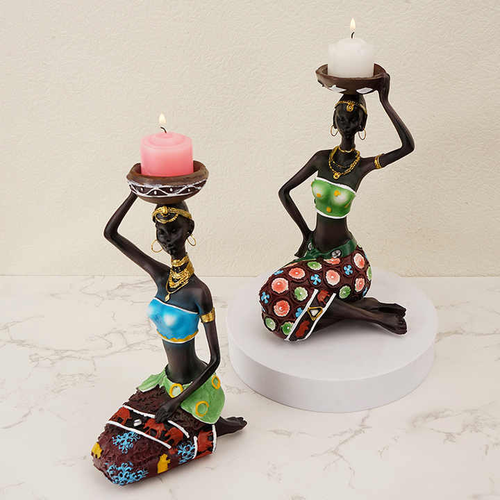 V888-ELOSUNG12441-211714-01 Blue European Resin African Woman Candle Holders - Decorative Tabletop Candle Stands for Coffee Bars & Home Decor - Image 2