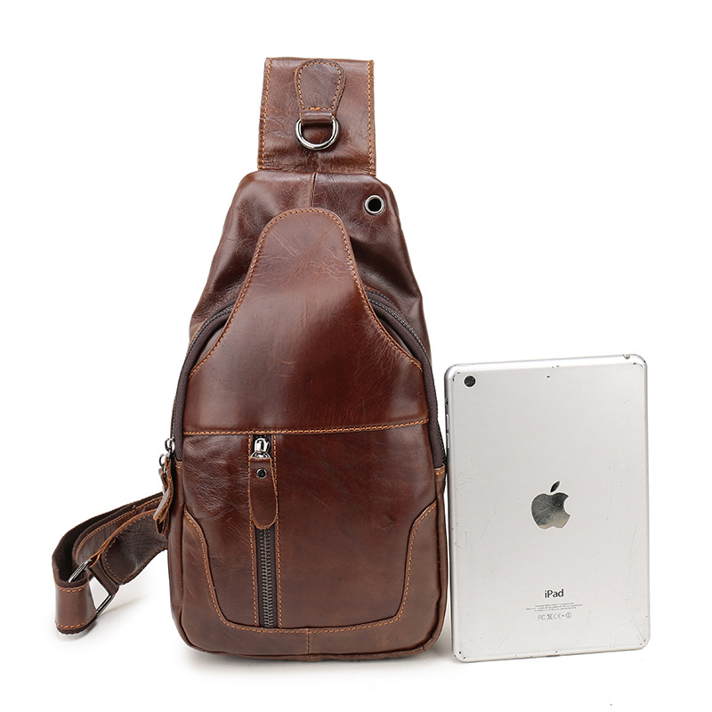 V888-ELOSUNG12658-212645-01 Brown Men's Leather Sling Backpack - Casual Crossbody Chest Bag - Image 2