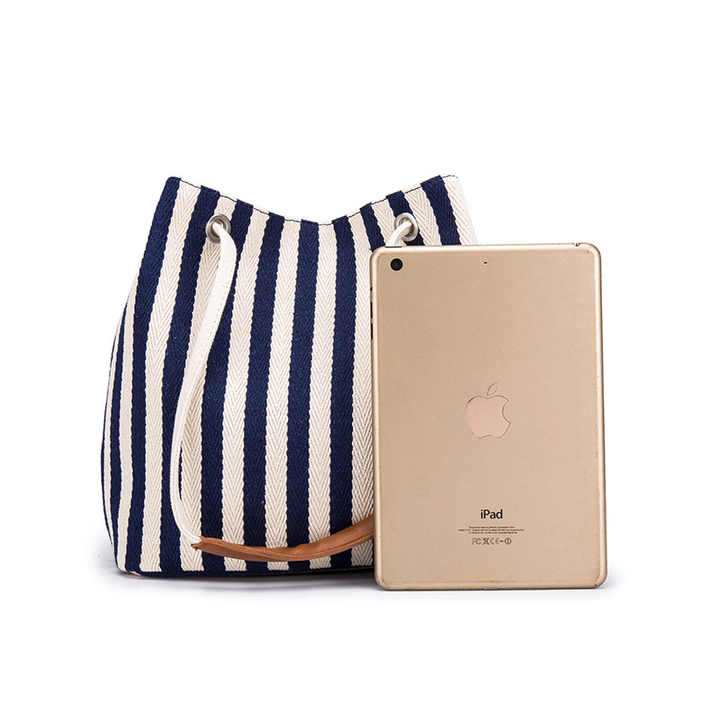 V888-ELOSUNG12739-212848-01 Beige Canvas Bucket Tote Bag with Leather Handle - Image 2