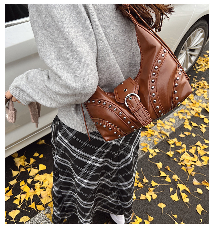 V888-ELOSUNG12847-213531-01 Brown Vintage Studded PU Leather Shoulder Bag with Adjustable Strap - Image 2